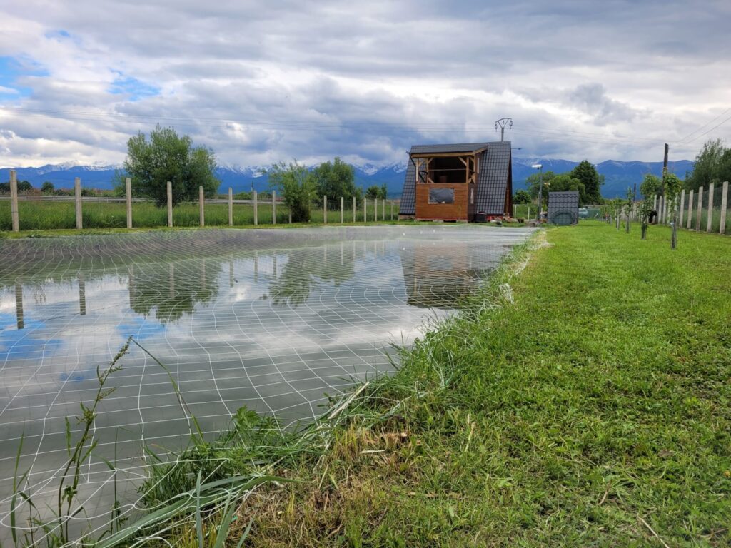 Iaz acoperit complet cu plasă albă de protecție, cu munții în fundal